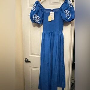 JODIFL Royal Blue Dress with White Floral Sleeves